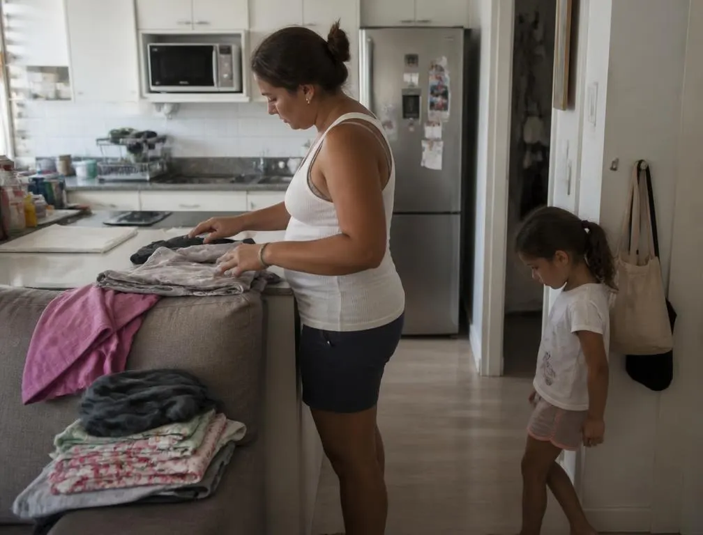 Mãe organizando roupas na cozinha enquanto a filha pequena caminha pela casa entediada, procurando o que fazer.