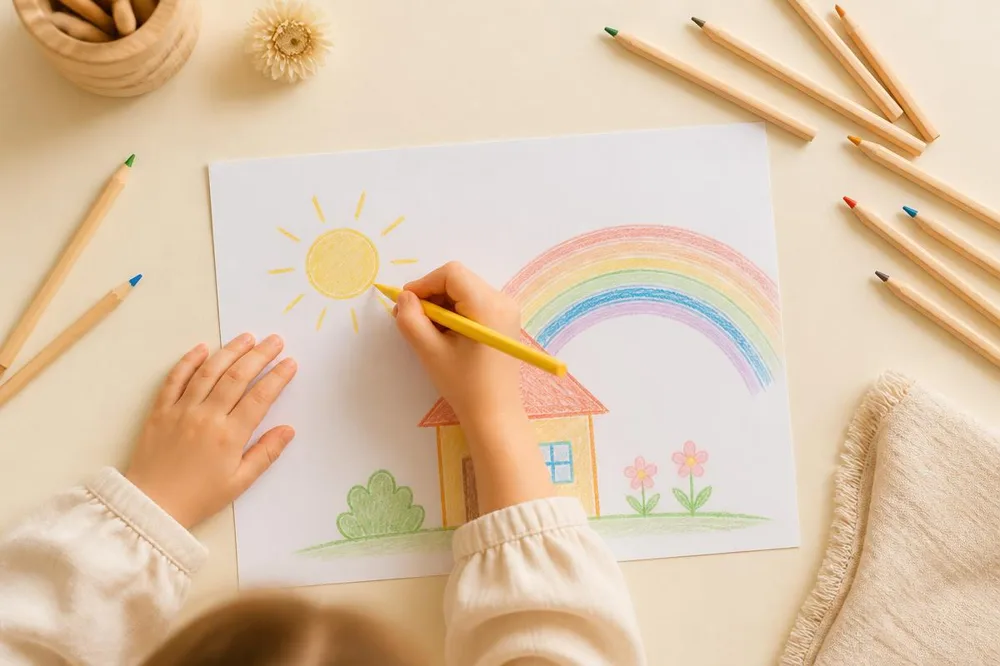 Mãos de criança desenhando um sol, uma casinha e um arco-íris com lápis de cor.