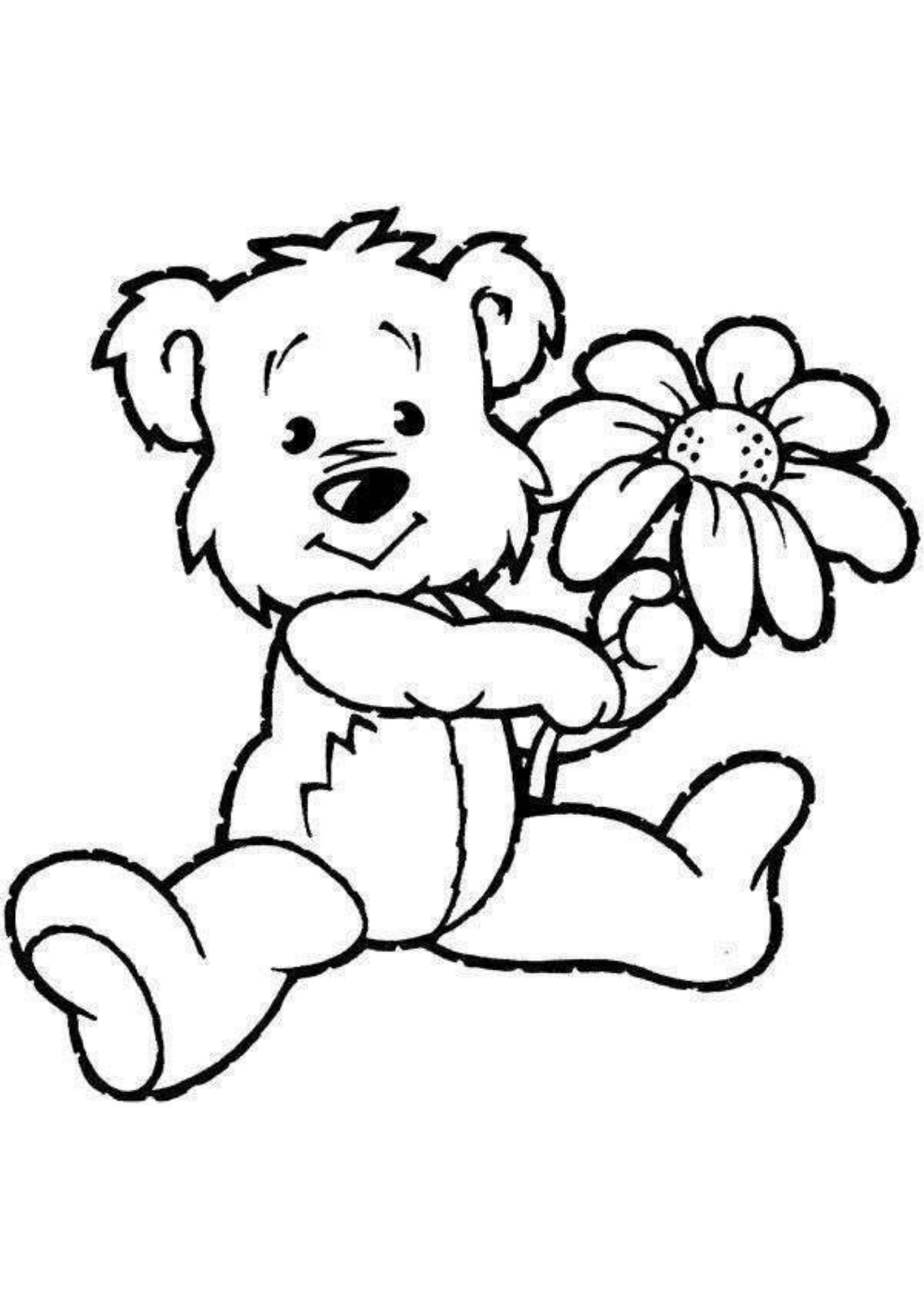 Desenho para colorir de um ursinho segurando uma flor.