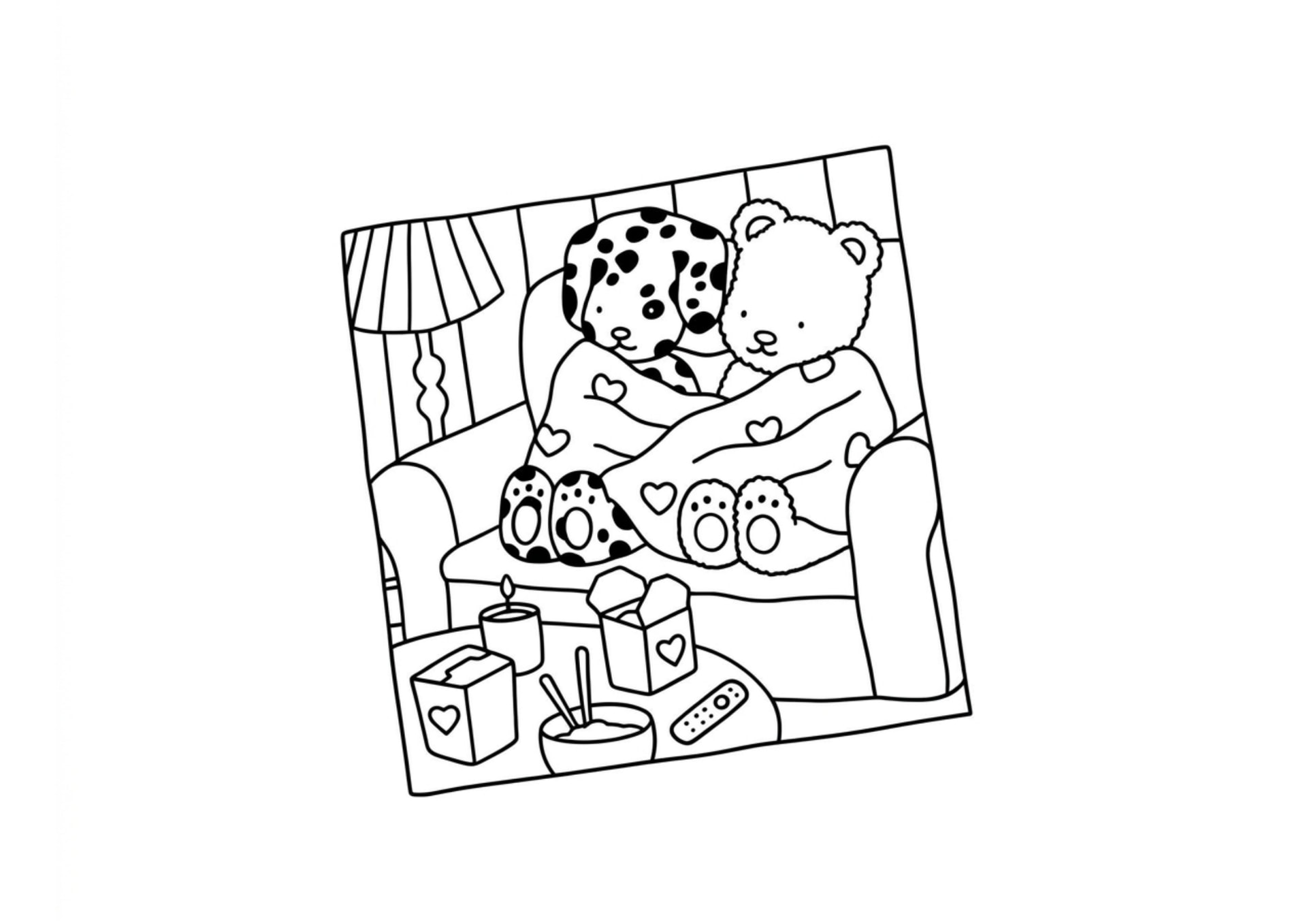 Desenho para colorir de bichinhos assistindo TV no sofá.