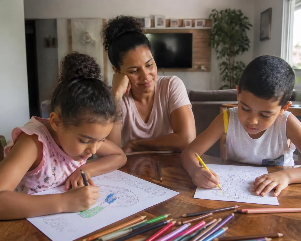 Mãe observando dois filhos de 4 a 7 anos concentrados colorindo folhas A4 impressas na mesa da sala, com lápis de cor espalhados.