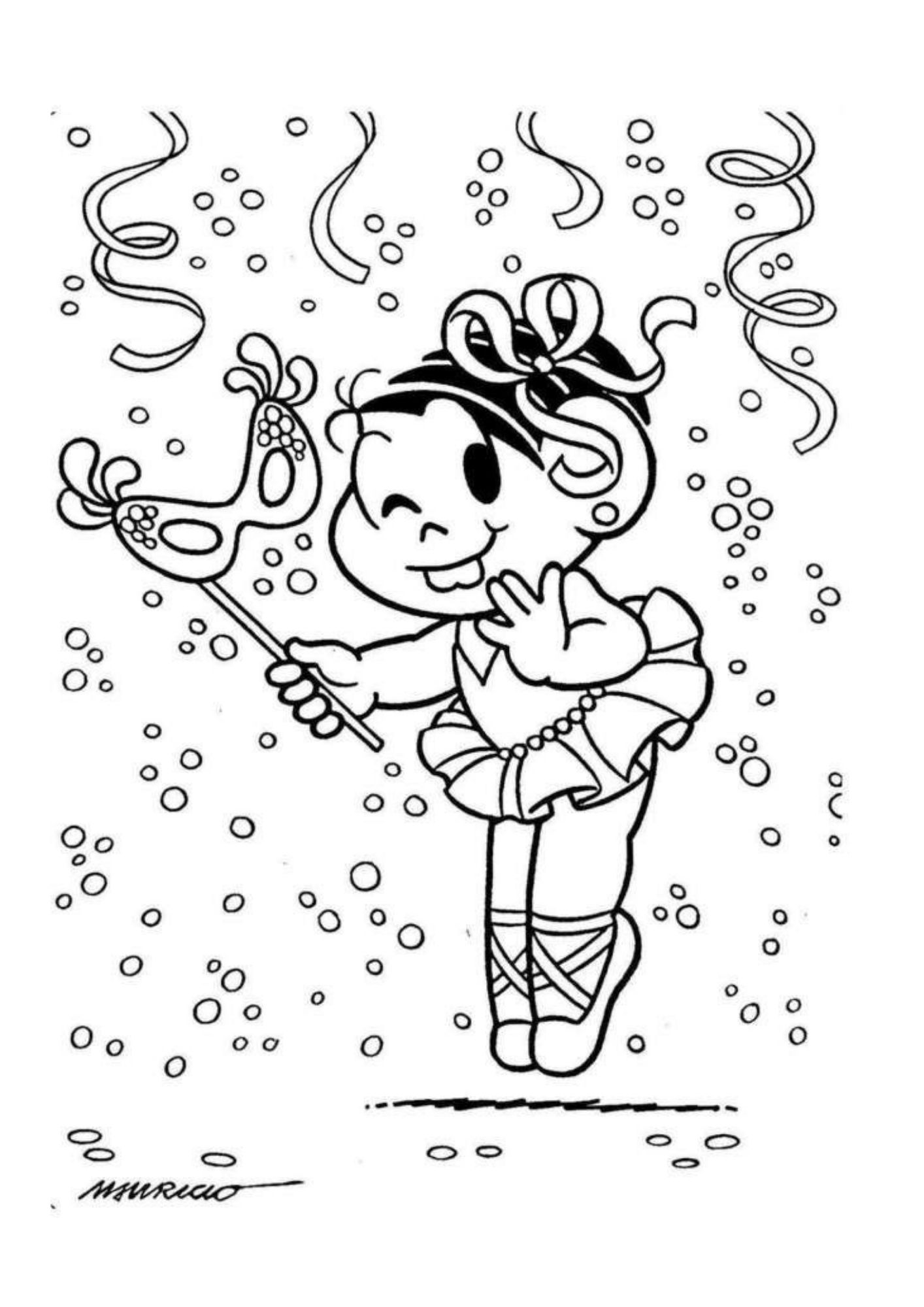 Desenho para colorir de menina fantasiada em festa com confetes.
